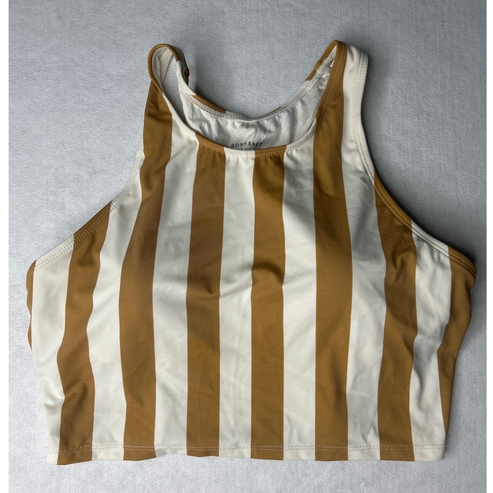 Downeast Swim Women Brown White Striped High Neck Bikini Tankini Top Large